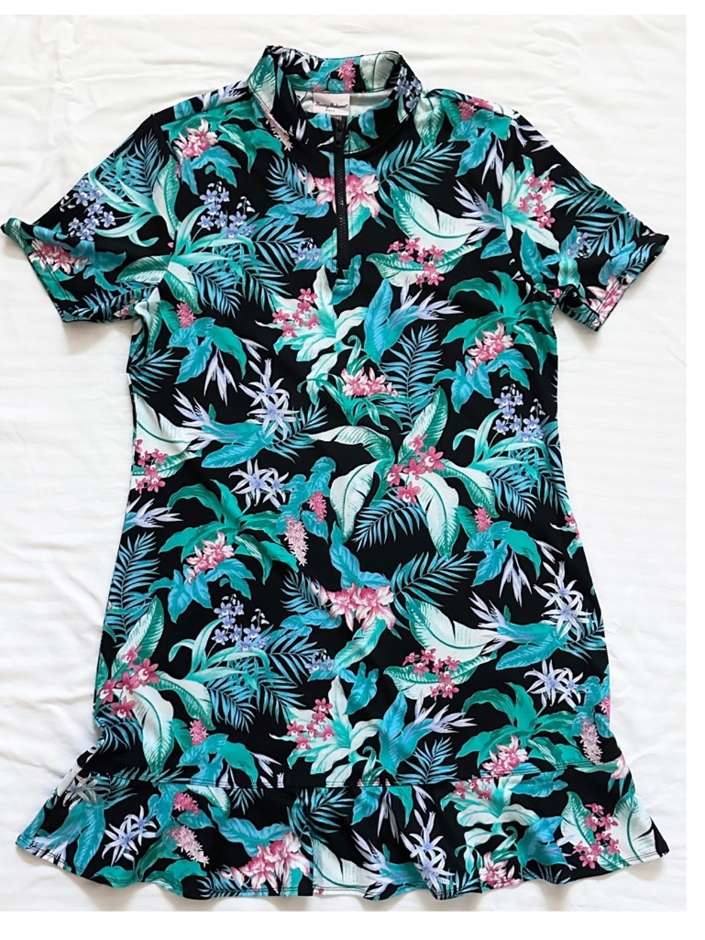 Tommy Bahama Black Tropical Floral Dress Green,Pink Accents L Performance UPF 50